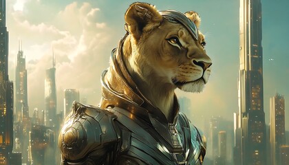 Fototapeta premium A mythological lioness with metallic armor guarding a futuristic cityscape