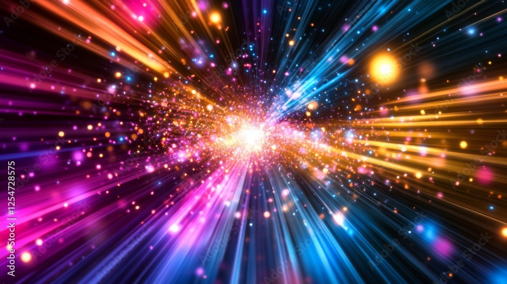 Fototapete A vibrant explosion of colors, featuring beams of light and sparkling particles, creating a dynamic and energetic visual effect.