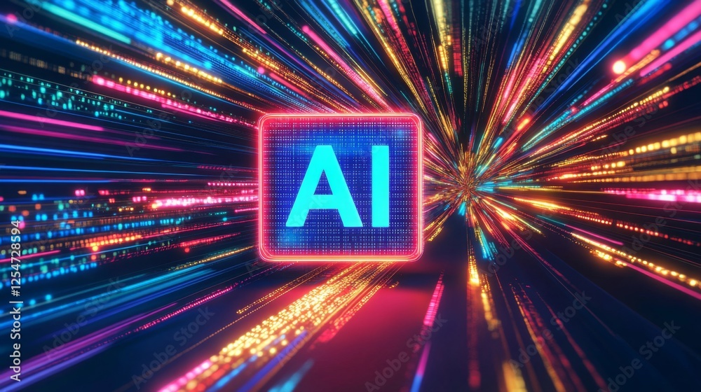 Leinwandbilder A vibrant depiction of AI technology with colorful streams of light radiating from the central 