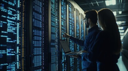 Professionals Analyzing Data on Laptop while Standing in Front of Server Rack with Bright LEDs in Dark Server Room