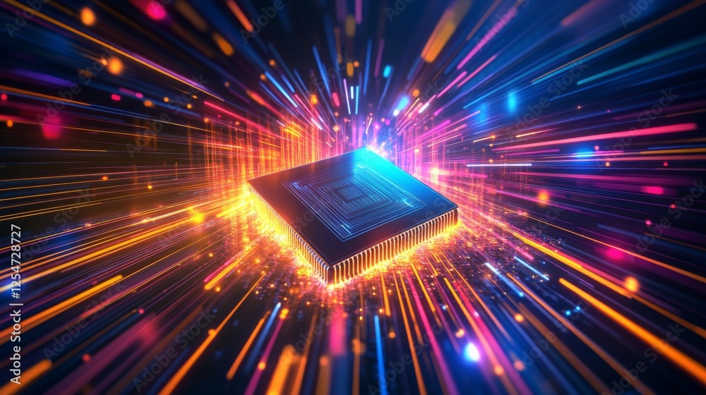 Fototapete a vibrant depiction of a microchip surrounded by colorful light trails, symbolizing rapid data proce
