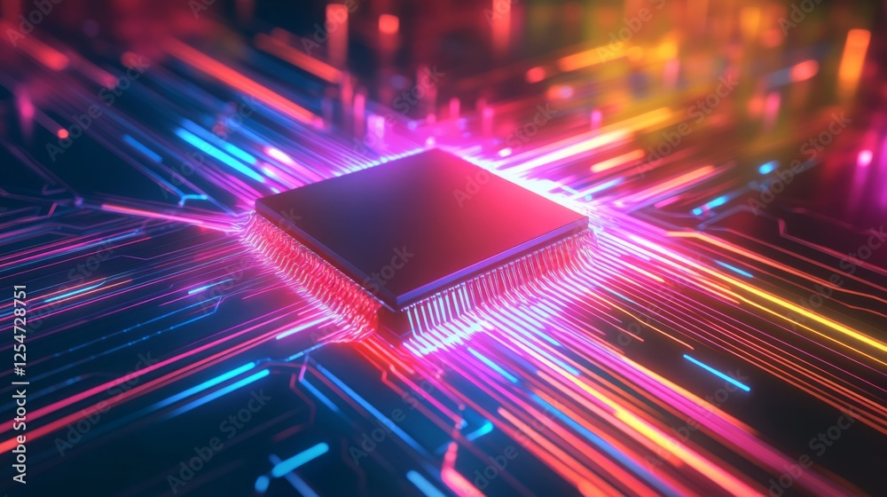 Aufkleber a vibrant, futuristic microchip surrounded by colorful light trails, symbolizing speed and technolog