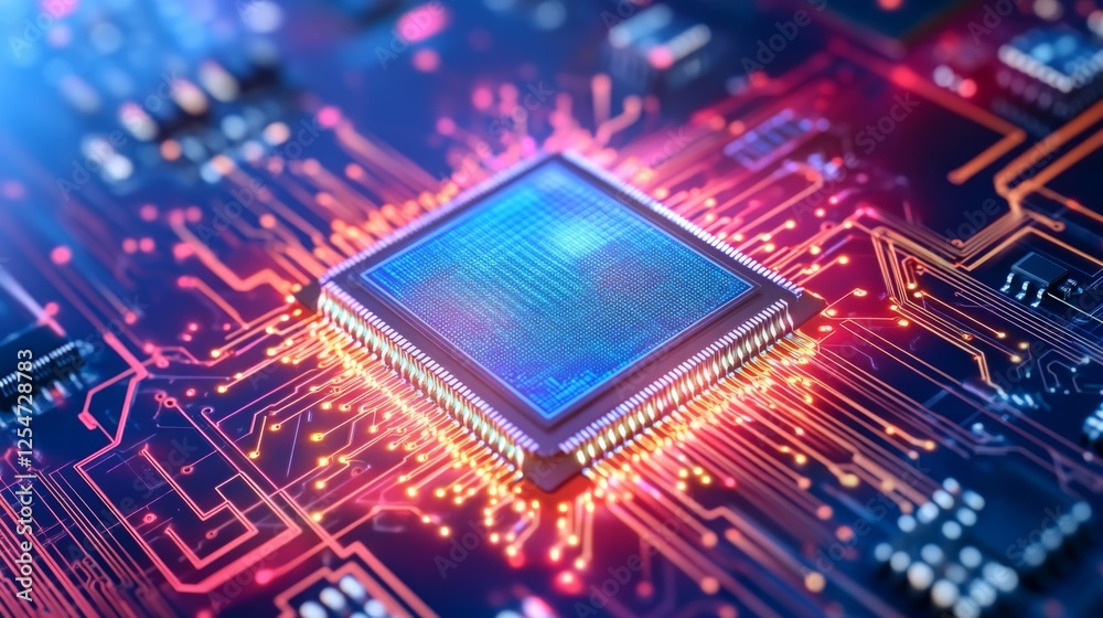 Fototapete a close-up of a modern microchip surrounded by vibrant circuit patterns, showcasing cutting-edge tec