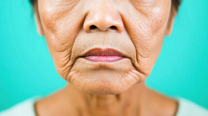 Close-up of an elderly asian woman's face highlighting the natural aging process with wrinkles around the mouth and chin against a turquoise background