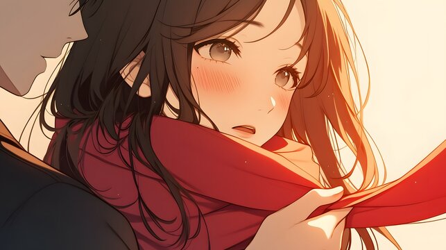 A young man is helping his girlfriend tie her red scarf, with an extremely close-up shot of the neck and shoulders in high resolution, Generative AI