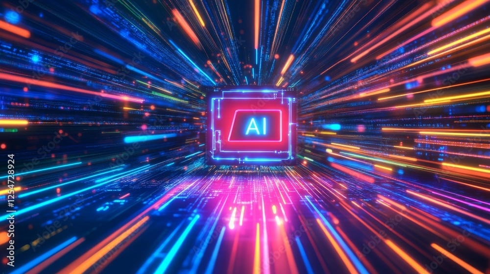 Leinwandbilder A vibrant, abstract representation of artificial intelligence, featuring dynamic streaks of light converging towards an 