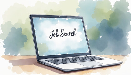 Laptop displaying "Job Search" on the screen with a watercolor background