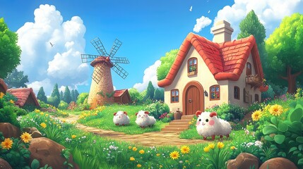 Whimsical countryside scene featuring fluffy sheep near a charming house and windmill under a bright sky