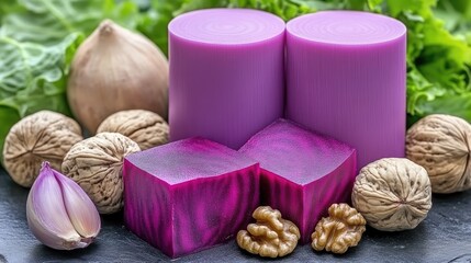 Purple beetroots and walnuts on slate, garlic and greens in background.  Healthy food photo for recipe or blog