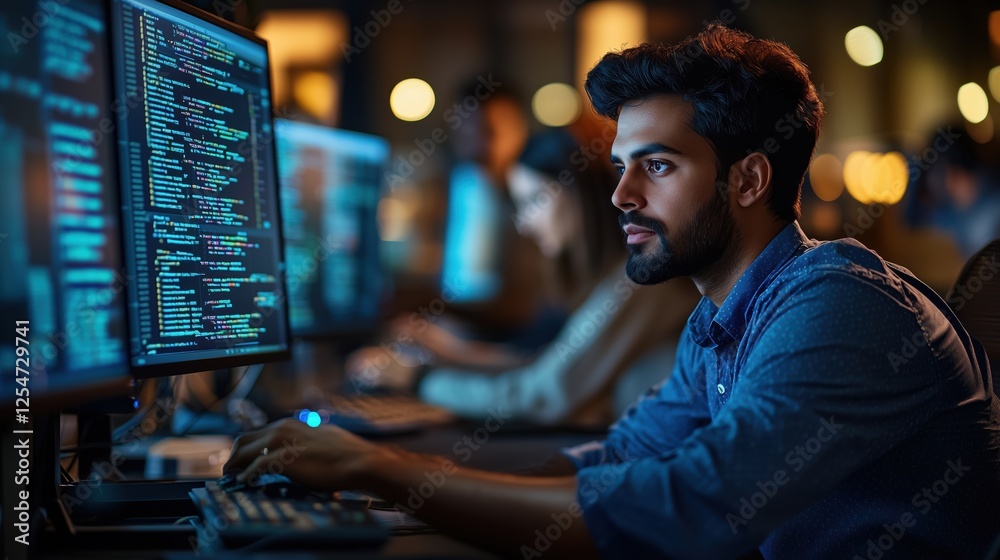Poster focused young man working late on computer code in dimly lit room with multiple monitors and soft ba