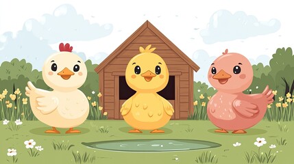 Three cartoon birds standing in front of a wooden barn surrounded by flowers and greenery