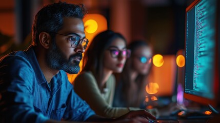 Focused Programmer Working Late Night on Computer with Colleagues in Background, Modern Office Environment with Warm Lighting