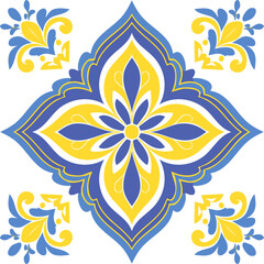 Traditional Azulejo ceramic tiles. Vector Italian print for fabric and wallpaper. Sicilian majolica in blue and yellow colors. Mediterranean style ornament.