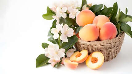 A peach-themed fruit basket decorated with peach blossoms, Generative AI