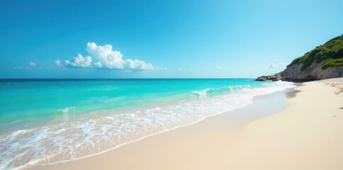 Obraz premium Gentle waves curl onto a pristine, sandy beach under a vibrant blue sky , relaxation, vacation