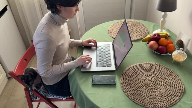
Almaty, Kazakhstan - 02.02.2025 : A woman is sitting at her laptop, with her dog, in the kitchen. Work from home.
