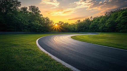 An empty race track winding through a lush green forest, with vibrant sunset colors casting long shadows over the asphalt.