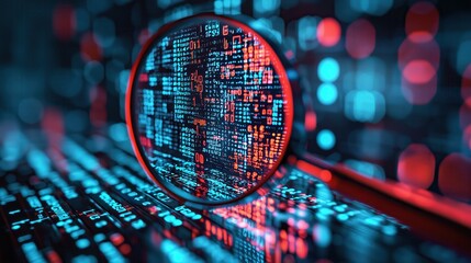 Magnifying Glass Over Colorful Digital Data on Screen Showing Complex Code and Information Flow for Technology and Cybersecurity Themes