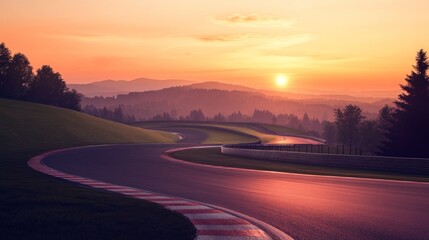 An expansive, empty race track stretching into the distance, surrounded by rolling green hills and tall trees.