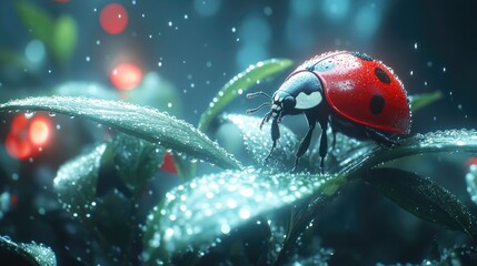 Close-up of a ladybug on dew-covered leaves in a vibrant, misty garden setting