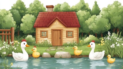 Charming countryside scene featuring a wooden house by a tranquil pond with ducks swimming