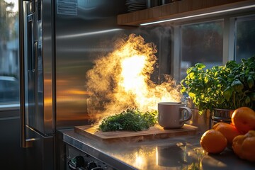 Culinary creativity unleashed modern kitchen action with aromatic ingredients home cooking bright and inviting space