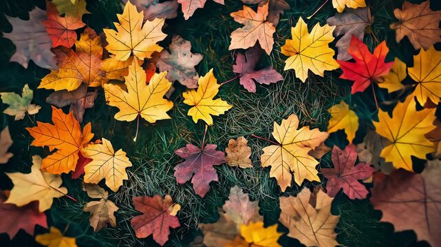 Top view of colorful maples leaves on field in forest during autumn	