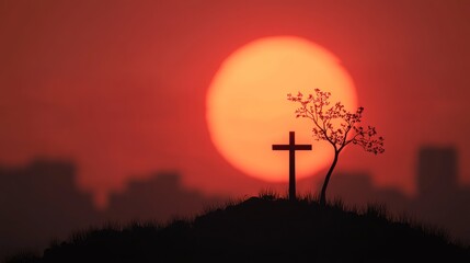 Silhouette of Jesus Christ Crucifix on Calvary at Sunset - Good Friday Concept, Easter Day Resurrection, World Christianity, Holy Spirit and Religious Symbolism