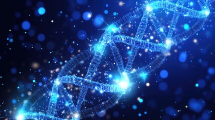 Create a mesmerizing abstract blue background featuring molecular DNA structures, with interconnected dots and lines symbolizing a complex network.