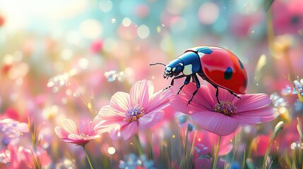 A vibrant ladybug perched on pink flowers in a sunlit meadow, surrounded by colorful blossoms
