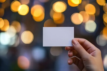Obraz premium Hand holding blank card in blurred bokeh background.