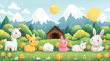 Cute cartoon animals in a vibrant meadow with mountains and a wooden barn in the background