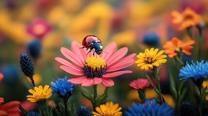 Colorful ladybug perched on vibrant pink flower amidst a field of assorted blossoms
