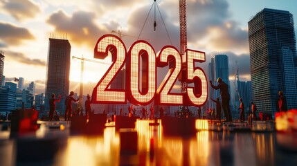 Bright and Bold Construction Scene Featuring the Year 2025 with City Skyline and Workers at Dusk in a Dynamic Urban Environment