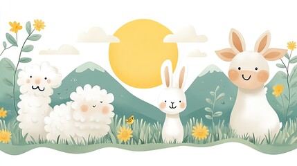 Cute cartoon animals including a rabbit, sheep, and deer in a sunny meadow with mountains