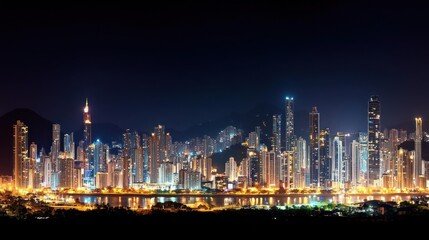 City Skyline At Night With Illuminated Buildings