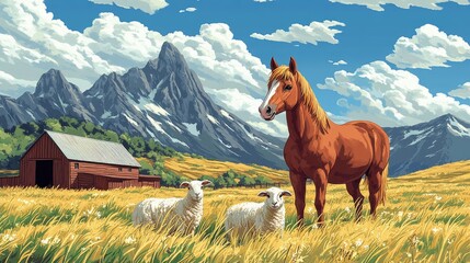 A serene pastoral scene featuring a horse and sheep in a golden field with mountains and a barn