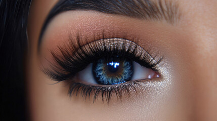 Obraz premium Close-Up of Glowing Blue Eye with Long Lashes and Shimmery Eyeshadow Enhancing Natural Beauty and Eye Makeup Artistry