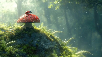 A vibrant red mushroom with white spots sits atop a mossy rock in a serene forest, with sunlight filtering through the trees