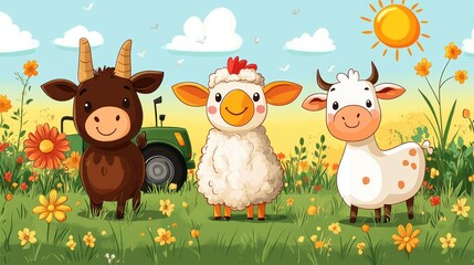 Cute cartoon farm animals, goat, sheep, and cow, standing in a vibrant flower field with a tractor