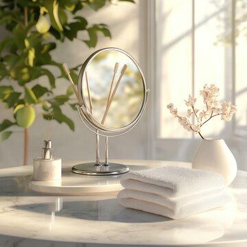 Bathroom vanity mirror with towels, plants, and cotton swabs