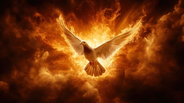 Pentecost Sunday Background with Flying Dove and Fire by Generative Al - Powered by Adobe