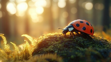 Close-up of a vibrant ladybug on moss in a sunlit forest, surrounded by ferns and soft bokeh