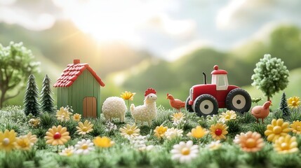 Colorful miniature farm scene with a tractor, animals, and flowers under a sunny sky