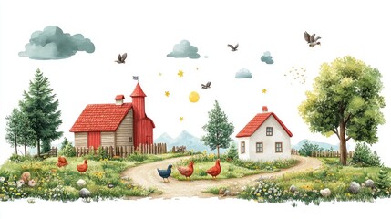 Idyllic countryside scene featuring a farmhouse, barn, and colorful chickens under a bright sky