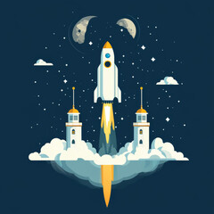 Rocket launching into starry night sky with clouds and moons