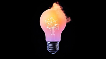 Colorful light bulb with abstract network design emitting smoke against a dark background