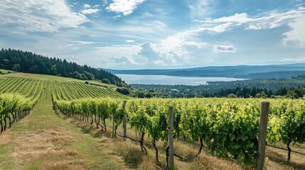 Obraz premium Scenic vineyards with rolling hills and distant water views