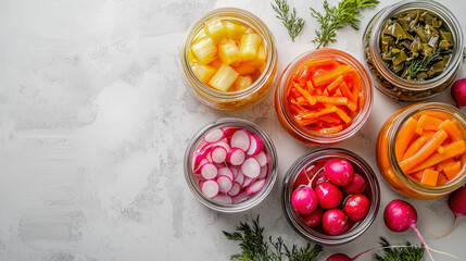 Assorted Pickled Vegetables in Glass Jars on White Background