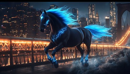 A personalized spirit horse with electric blue mane galloping across an illuminated city bridge